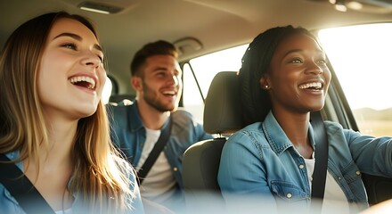 Friends on a road trip enjoying the ride with laughter and happiness on sunny day