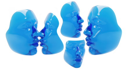 Blue abstract faces floating interacting white background creating a surreal composition for artistic visuals