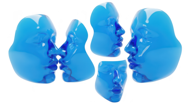 Blue abstract faces floating interacting white background creating a surreal composition for artistic visuals