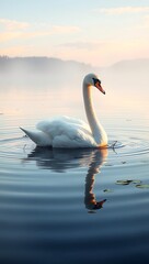 Fototapeta premium Elegant white swan gracefully swimming on calm water with reflection silhouette