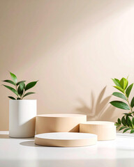 Modern room interior with green potted plants, wooden furniture, and natural light from a large window, Product photography stand with lighting