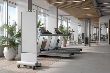 Modern gym interior featuring treadmills, plants, and large windows for natural light in a minimalistic design.