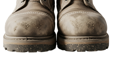 Closeup of dirty work boots rugged texture worn leather