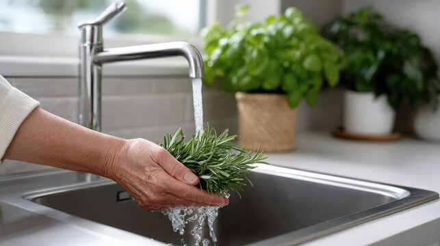 Fresh rosemary being washed under running water in a bright kitchen, emphasizing cleanliness, cooking preparation, herbs, sustainability and healthy home lifestyle themes.