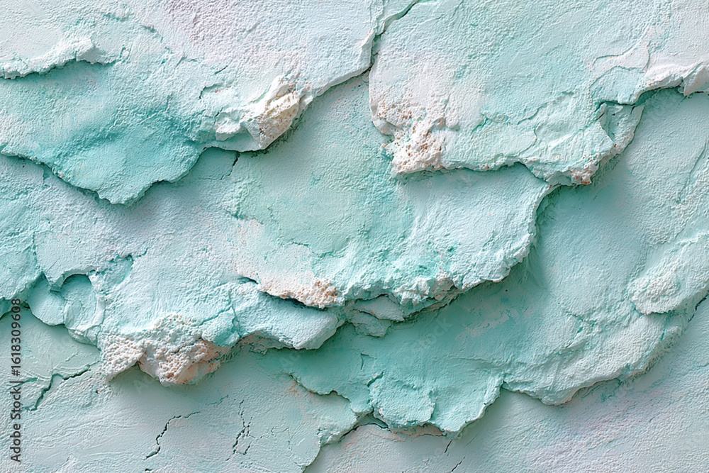 Poster textured turquoise plaster wall with peeling layers and cracks creating a rough abstract pattern