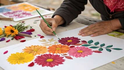 Hand-painting paper with blossoms while another hand holds a flower for inspiration.