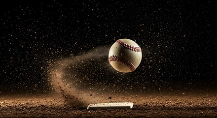 A baseball bounces on the dirt infield next to a base, kicking up a dramatic cloud of dust.