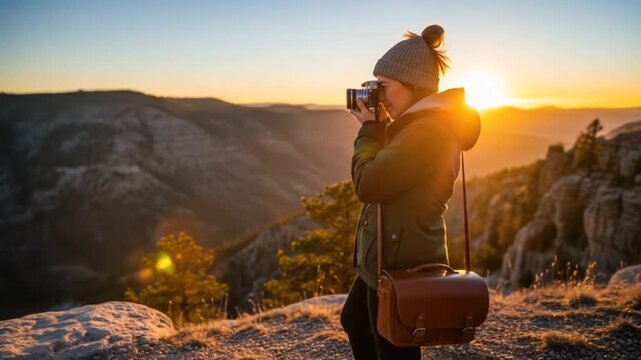 Female photographer capturing sunrise over mountain landscape in early morning. Photography concept
