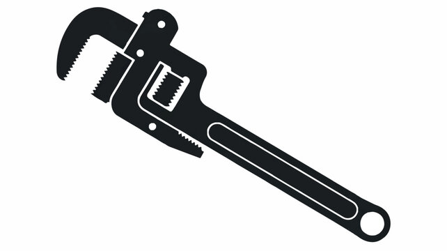 Black and white silhouette illustration of a pipe wrench tool for industrial or mechanical design