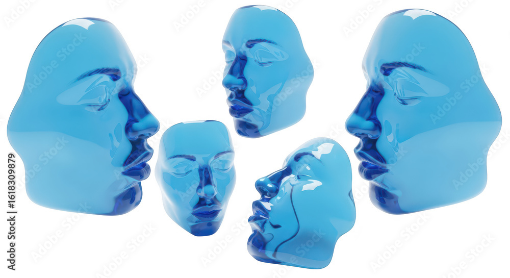 Aufkleber five translucent blue floating face sculptures arranged in different views against a white backgroun