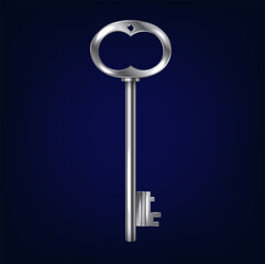 Realistic illustration of a silver key on a dark blue background. The image showcases the metallic shine and intricate design, suitable for security themes.