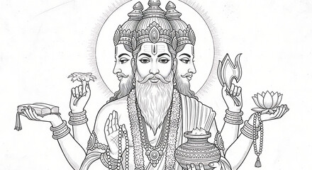 Detailed black and white illustration of the Hindu creator god Brahma with four heads and four arms holding sacred objects.