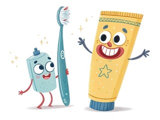 Happy toothbrush giving thumbs up with bubbly toothpaste by its side, cartoon dental characters.