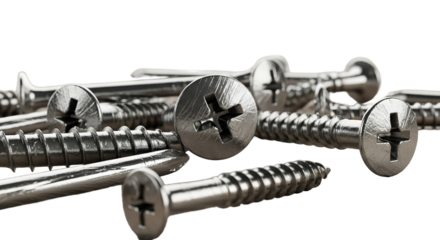 Closeup of metallic screws on wooden surface