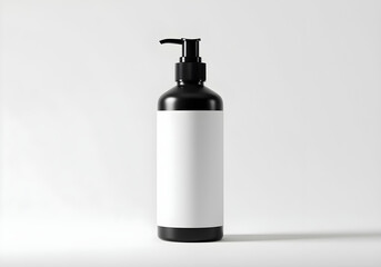 A sleek black pump bottle product mockup with a blank white label, standing on a clean white background, studio lighting, sharp focus, minimalist design, photographed in a high-key studio setup, empha