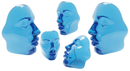 Five translucent blue floating face sculptures arranged in different views against a white background representing concepts
