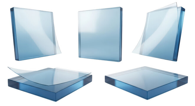 Transparent glass blocks displayed showing layers peeling up against a white background useful for 3D rendering or design elements