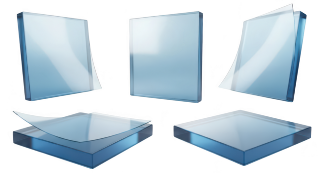 Transparent glass blocks displayed showing layers peeling up against a white background useful for 3D rendering or design elements