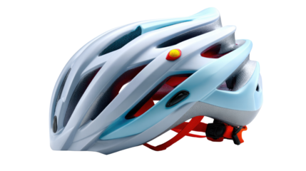 Light Blue and White Bicycle Helmet with Red Strap and Ventilation Openings for Cycling Safety