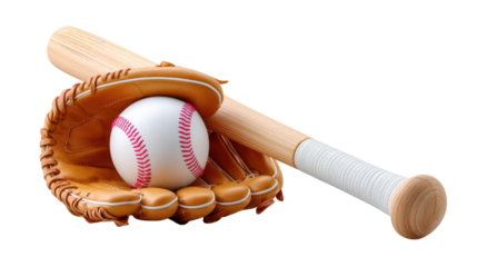 Baseball glove and ball with a wooden bat on a black background, sports equipment for baseball game, professional sports gear, game day accessories