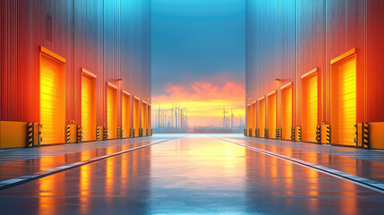 Architectural perspective of a modern warehouse with vibrant colors and a renewable energy landscape