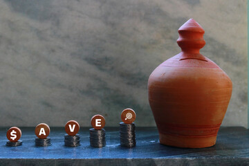 Saving concept with money coin stack and clay bank on a grunge background