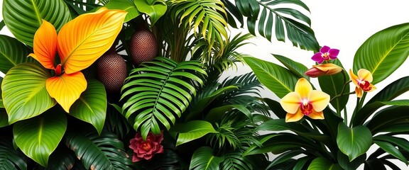 Lush jungle scene with Monstera, Bird's Nest Fern, Golden Pothos & Orchid, isolated on white,  rainforest,   jungle frame