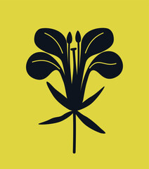 Mustard. Black silhouette of blooming mustard flower, vector illustration isolated on yellow background. Icon, logo, print, postcard, design element.