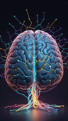 Brain growing like a tree with colorful connections on dark background