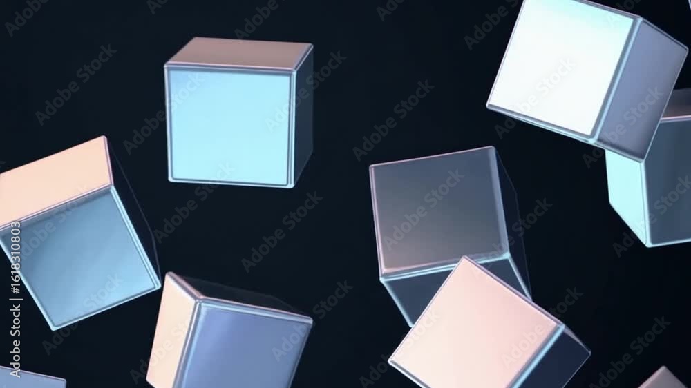 Poster floating metal cubes against a dark backdrop. this dynamic composition plays with light and shadow, 
