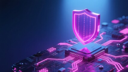 Fototapeta premium Futuristic Three-Dimensional Microchip Shield Concept: An Icon That Glows to Symbolize Advanced Protection in Technology