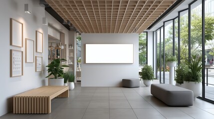 Modern interior design featuring a spacious lobby with natural light, wooden accents, and minimalistic decor that invites relaxation.