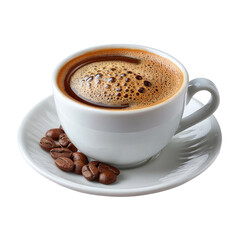 Fototapeta premium Creamy hot Turkish coffee in white ceramic cup with foam and coffee beans on saucer isolated on black background