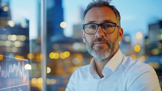 Business analyst in smart-casual attire presenting a digital dashboard in a modern glass office. Data scientist