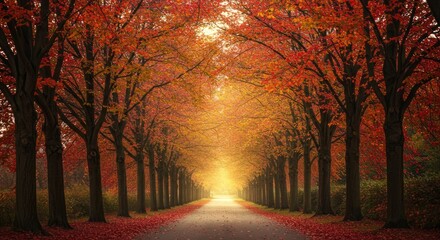 Obraz premium Autumnal Pathway, Radiant Sunlight