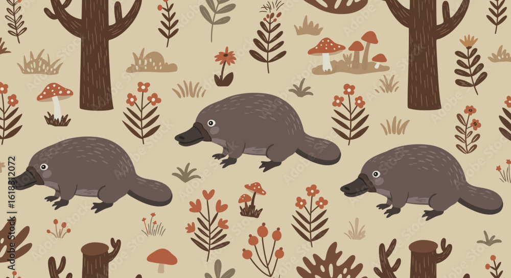 Poster platypus pattern: a charming illustration showcases a repeating pattern of playful platypuses amidst
