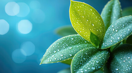 Fresh green plant leaves with water droplets and a beautiful bokeh background