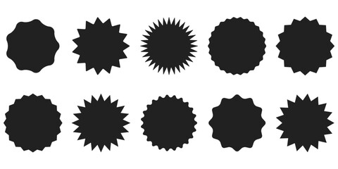 Collection of black starburst shapes featuring diverse textures and silhouettes. Perfect for creating sale banners, product tags, or web graphics. Vector design elements for marketing materials.