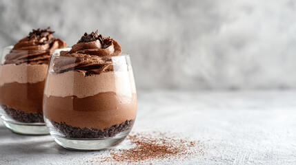 Layered chocolate mousse dessert in clear glass cups topped with whipped cream and shavings, styled on a textured white surface with soft gray background.