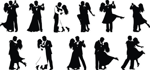 Romantic couple dancing silhouette set, ballroom dance poses, elegant man and woman performing, love expression, black vector on white background