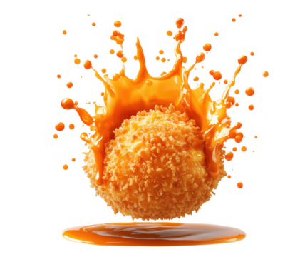 Crunchy deep fried food ball splashing orange sauce against a transparent background