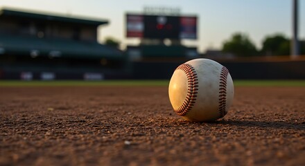 A baseball sits on the dirt infield of a baseball field, with stadium seating and a scoreboard blurred in the background.