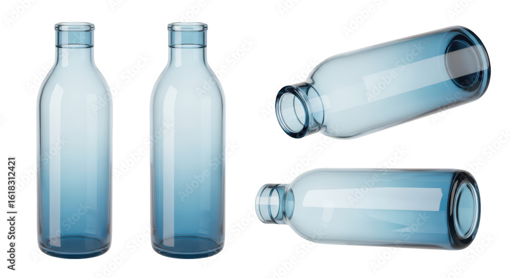 Poster blue glass bottles displayed upright and horizontally against a plain white background for product m