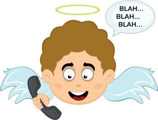 vector illustration face angel character cartoon, talking on the phone and a speech bubble with the text blah