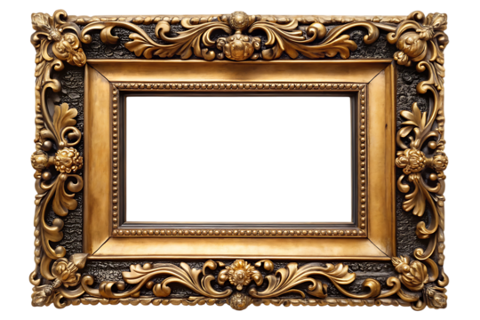 Ornate gold frame with black center space detailed decorative design art element isolated - on a white background