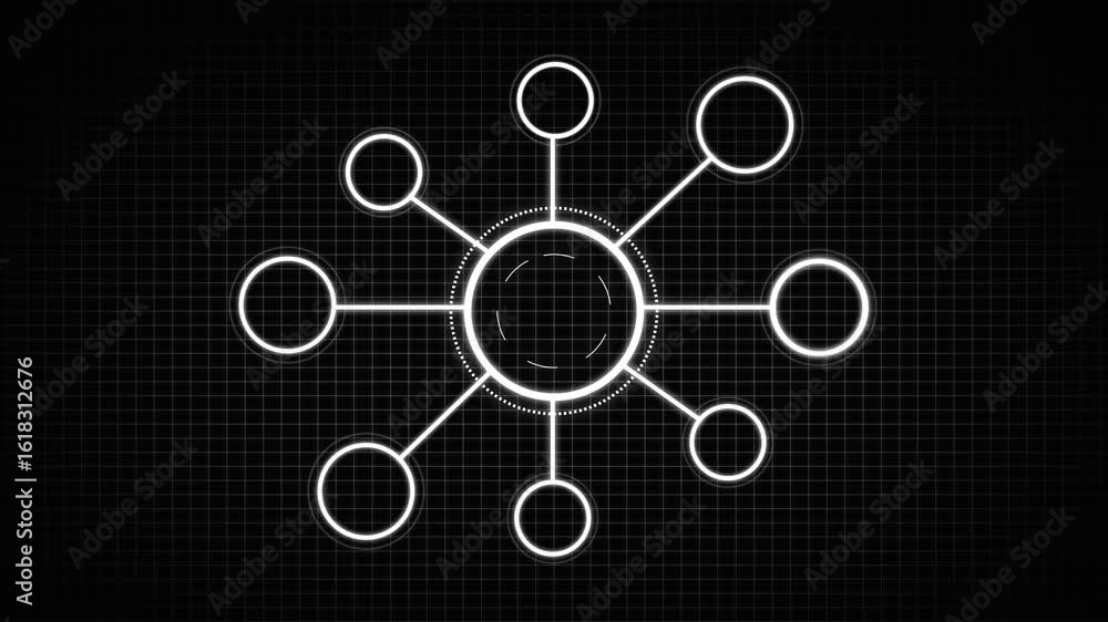 Poster futuristic network diagram displayed on dark background with gridlines and glowing circles