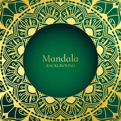 Luxury golden mandala on green background with cut out circle. Template with copy space. Vector illustration.