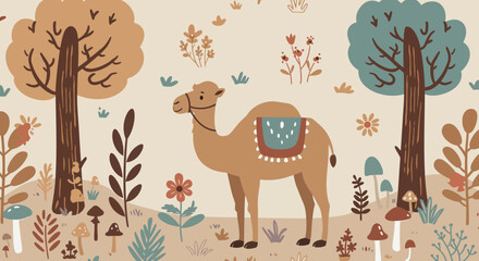 Obraz premium Camel in a whimsical landscape: A charming camel in a vibrant, fanciful land with trees, plants, and mushrooms creates a sense of serenity and storytelling.