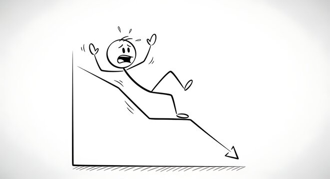 Stick Figure Falling Down a Declining Graph Represents Financial Loss and Failure