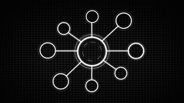 Futuristic network diagram displayed on dark background with gridlines and glowing circles